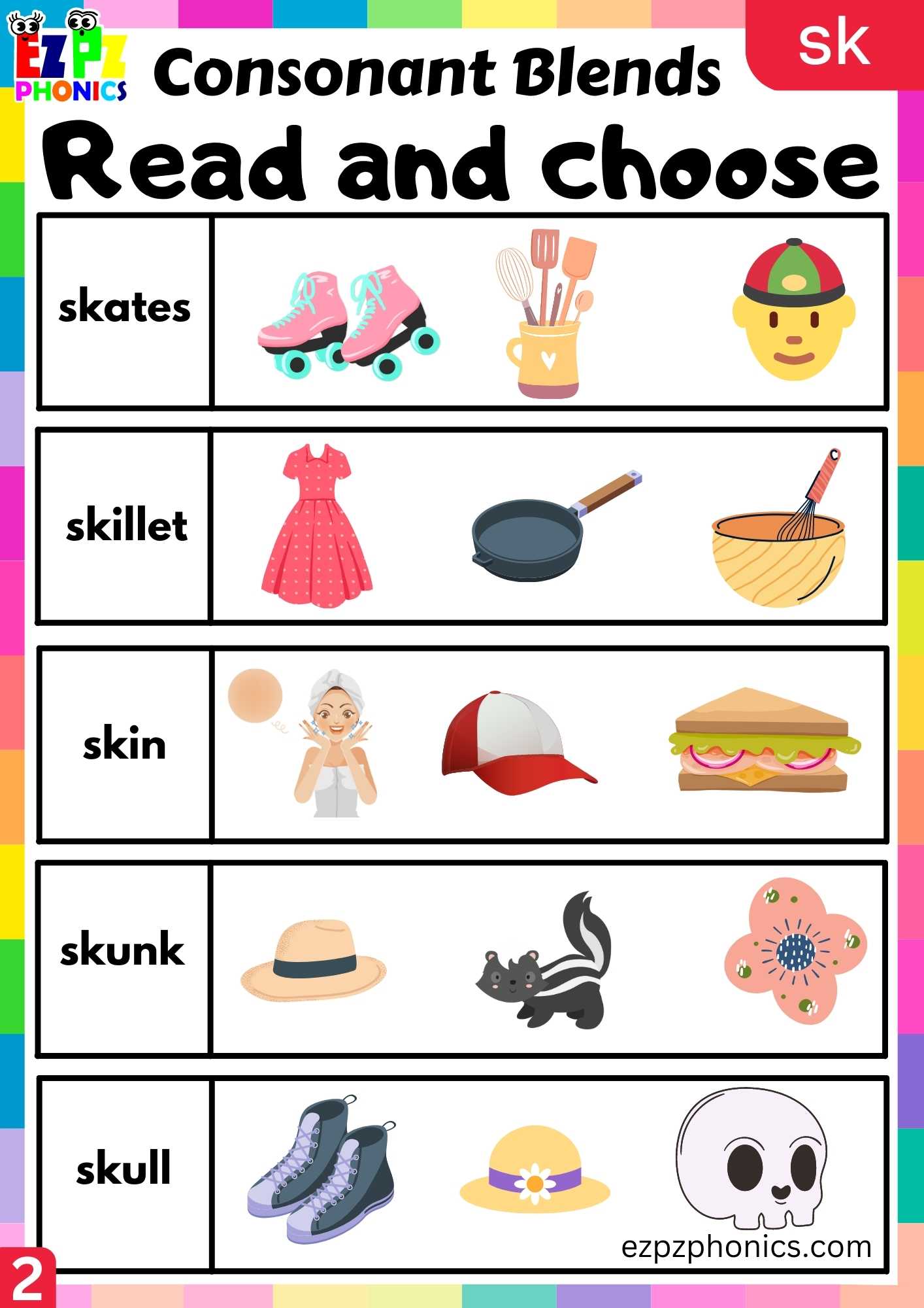 Group2 SK Words Read And Choose Phonics Consonant Blends Worksheet